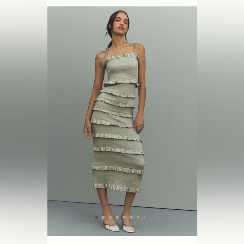 V. Chapman Lily Ruched and Ruffled Stretch Satin Midi Dress